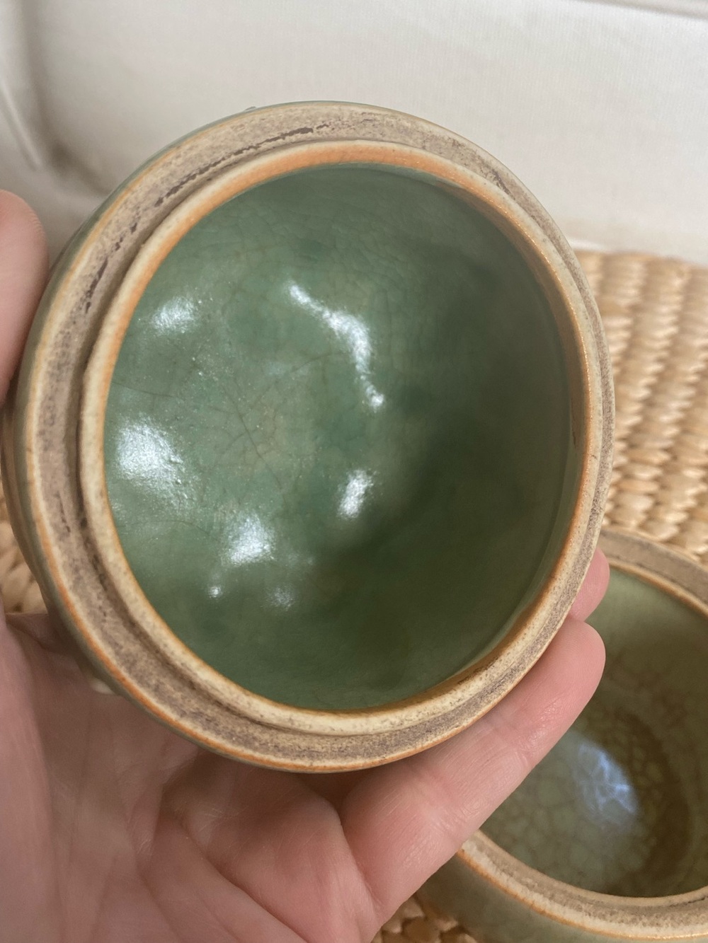 VTG Celadon Crackle Glaze Ginger Jar w Lid Squash Artichoke Chinese Mid Century - Picture 4 of 7